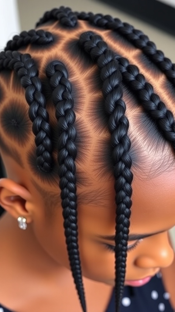 Four cornrow braids styled neatly on a model, highlighting the smooth and shiny texture of the hair.